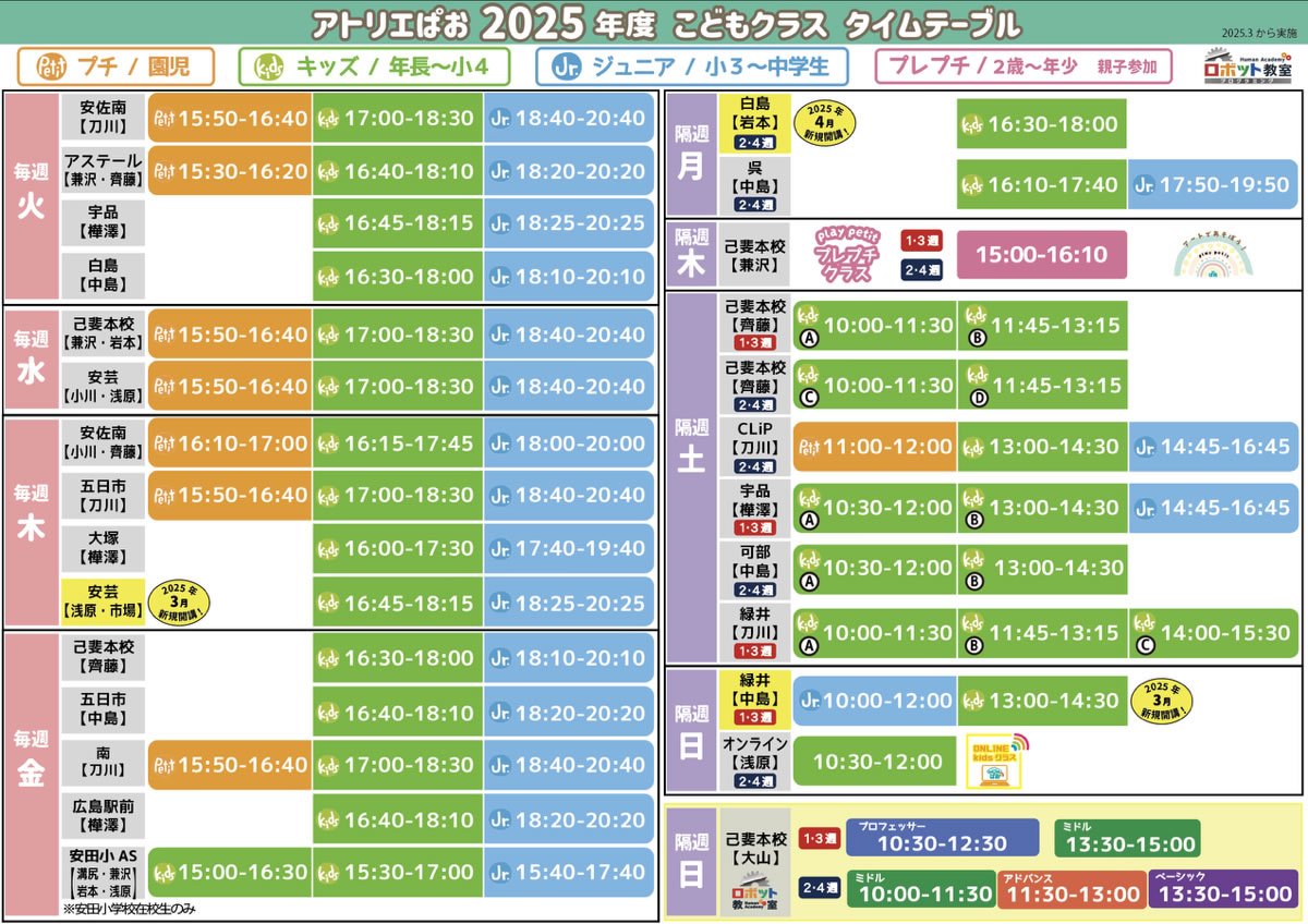 こどもクラス（petit／kids／Jr.／プレプチ）タイムテーブル